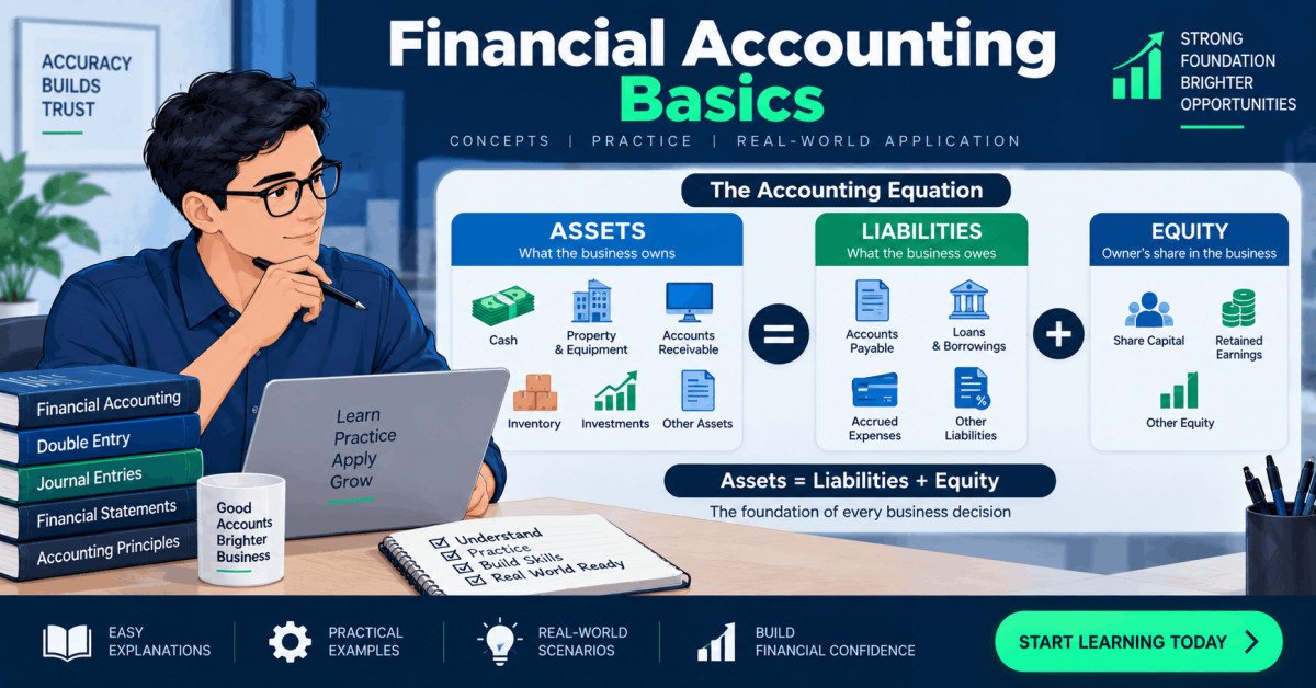 Illustration of financial accounting basics showing assets, liabilities, and the accounting equation on a balance sheet.