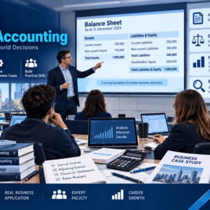 Illustration of financial accounting for MBA students with balance sheets, journal entries, and case studies.