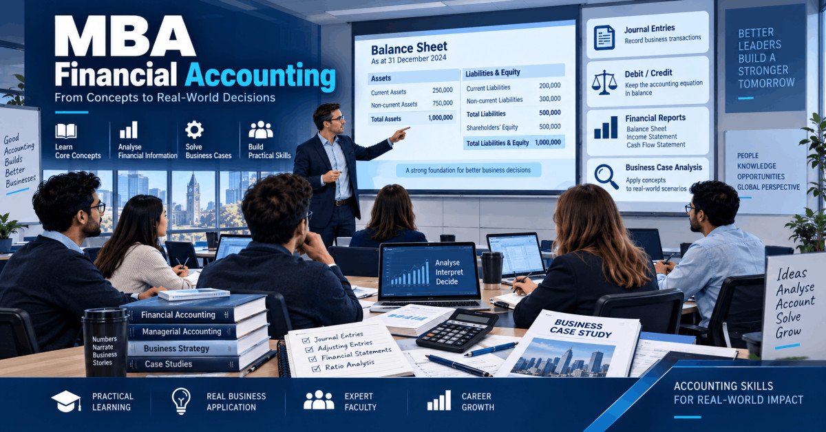 Illustration of financial accounting for MBA students with balance sheets, journal entries, and case studies.