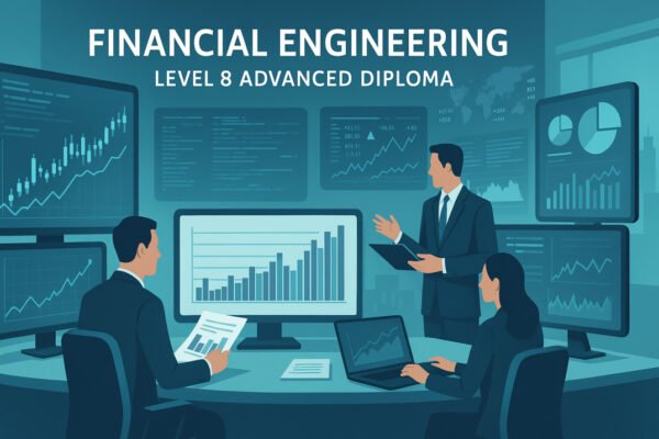 Financial engineering diploma illustration showing financial models, charts, and global markets
