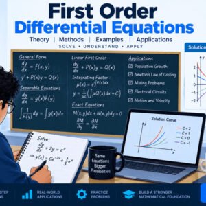 Illustration of first order differential equations with graphs, formulas, and problem-solving methods
