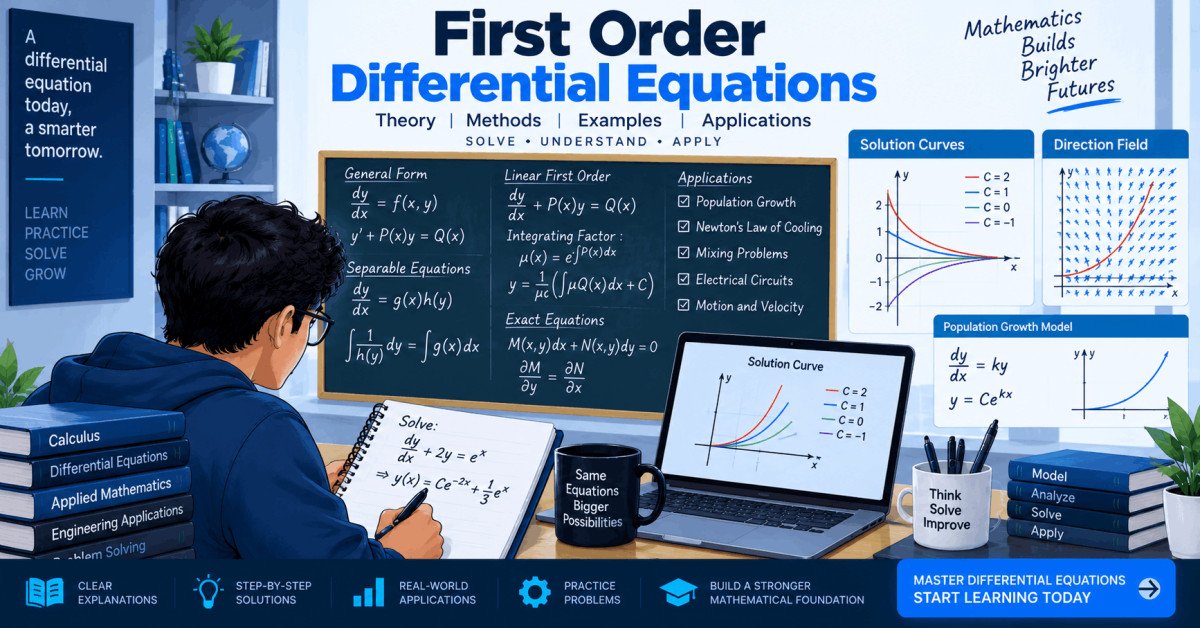 Illustration of first order differential equations with graphs, formulas, and problem-solving methods