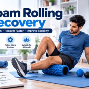 Student practicing foam rolling recovery techniques with roller and massage ball.