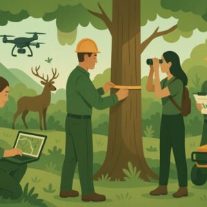 Professional forestry training image showing forest management, conservation, and research for advanced diploma.