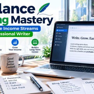 Modern freelance writing workspace featuring laptop, documents, and writing tools for freelance writing success