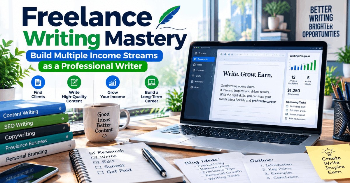 Modern freelance writing workspace featuring laptop, documents, and writing tools for freelance writing success