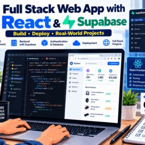 Student coding full stack web app with React and Supabase backend in modern setup
