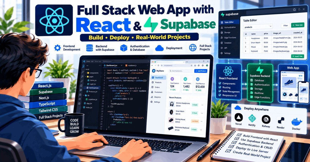 Student coding full stack web app with React and Supabase backend in modern setup