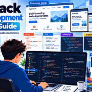 Student coding full stack web development with CSS, Bootstrap, JavaScript & PHP on laptop screen.