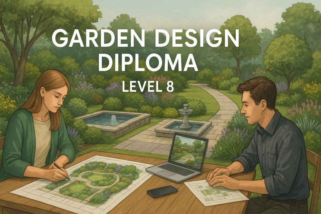 Garden Design Diploma Level 8 showing sustainable garden layout with plants, patio, and pathways.