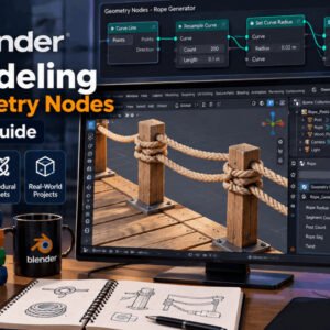 Beginner-friendly geometry nodes tutorial showing ropes, wood, and knots in Blender.