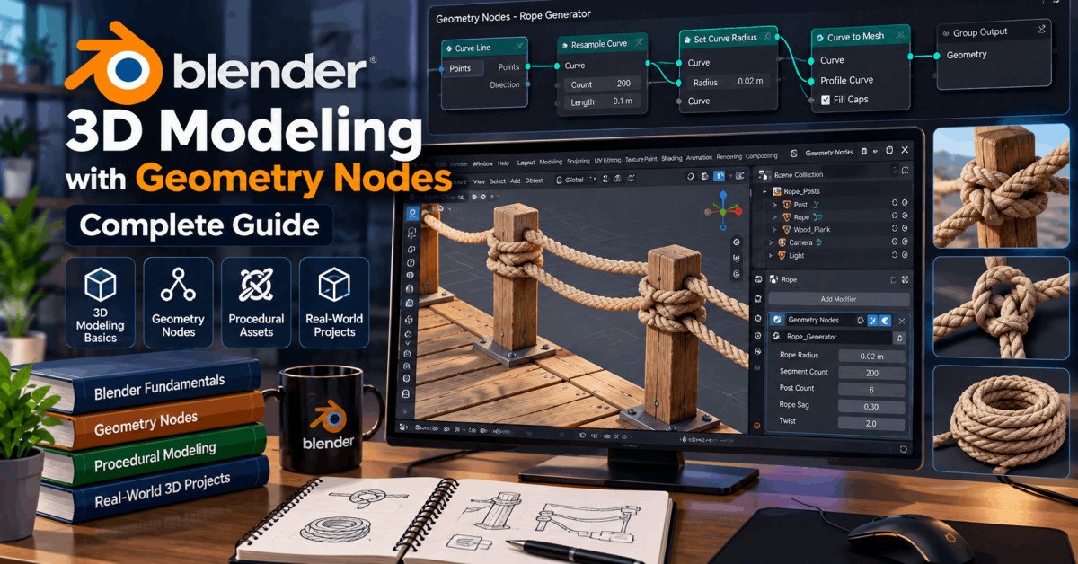Beginner-friendly geometry nodes tutorial showing ropes, wood, and knots in Blender.