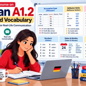 German A1.2 grammar and vocabulary course illustration showing grammar, verbs, and sentence structure.