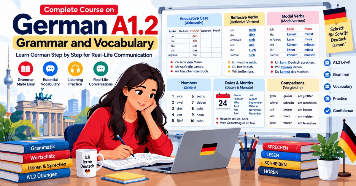 German A1.2 grammar and vocabulary course illustration showing grammar, verbs, and sentence structure.