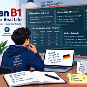 Student learning German B1 grammar and sentence structures with examples and exercises