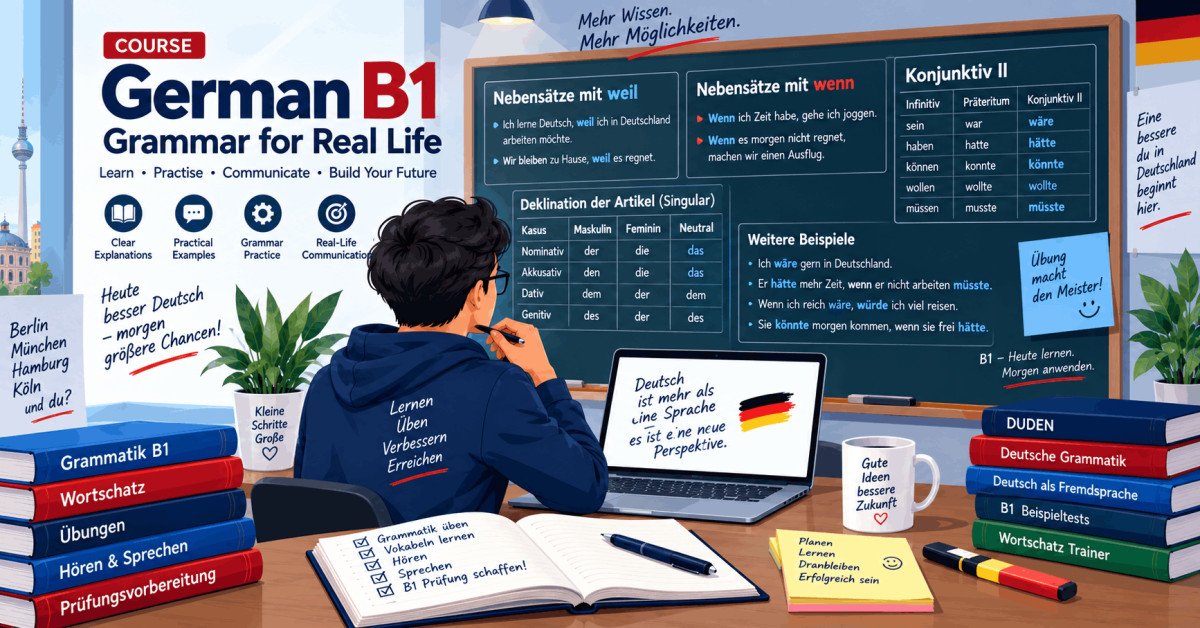 Student learning German B1 grammar and sentence structures with examples and exercises