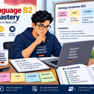 Student learning German Language B2 grammar, structure, and usage with books and laptop.