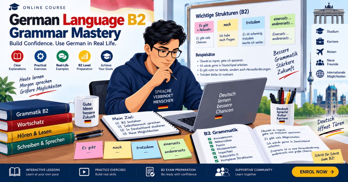 Student learning German Language B2 grammar, structure, and usage with books and laptop.