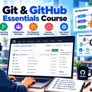 Student learning Git and GitHub essentials with repositories, commits, and branching workflows.