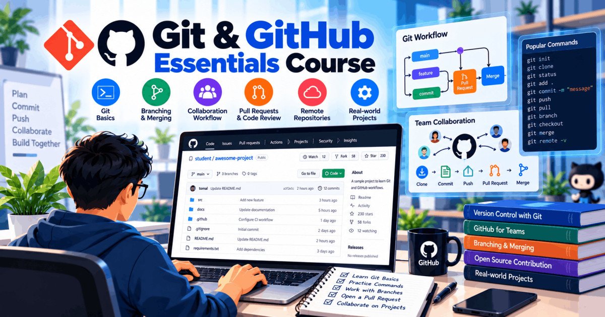 Student learning Git and GitHub essentials with repositories, commits, and branching workflows.