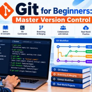 Illustration of Git for beginners showing version control, branching, and collaboration with GitHub