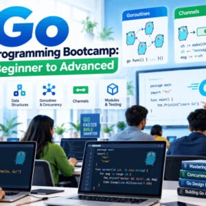 Students learning Go programming in a bootcamp setting with laptops and Go code on screen