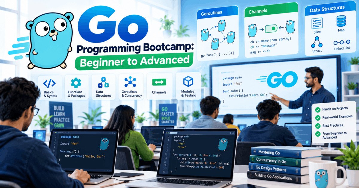 Students learning Go programming in a bootcamp setting with laptops and Go code on screen