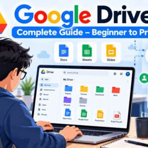 Google Drive guide illustration showing laptop, cloud, and files organised from beginner to pro.