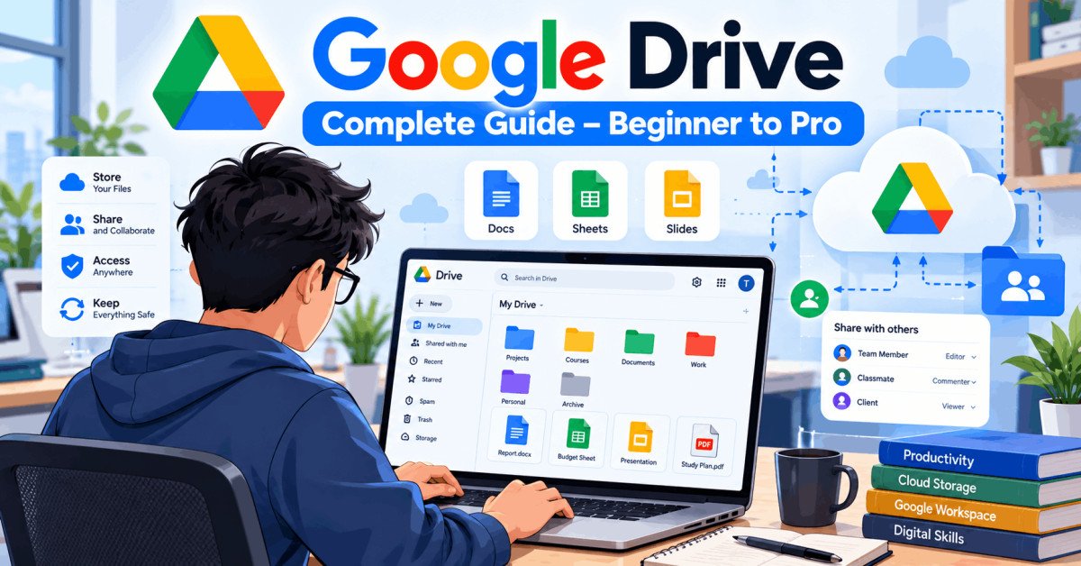 Google Drive guide illustration showing laptop, cloud, and files organised from beginner to pro.