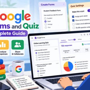 Google Forms Quiz interface with form creation, questions, responses, and grading tools.