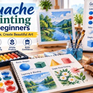 Gouache painting for beginners showing brushes, paints, and a beginner painting artwork.