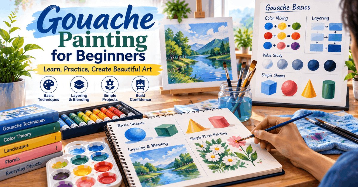 Gouache painting for beginners showing brushes, paints, and a beginner painting artwork.