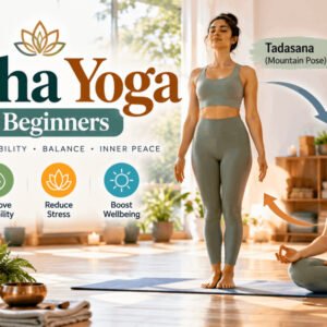 Beginner practicing Hatha Yoga standing and seated poses indoors.