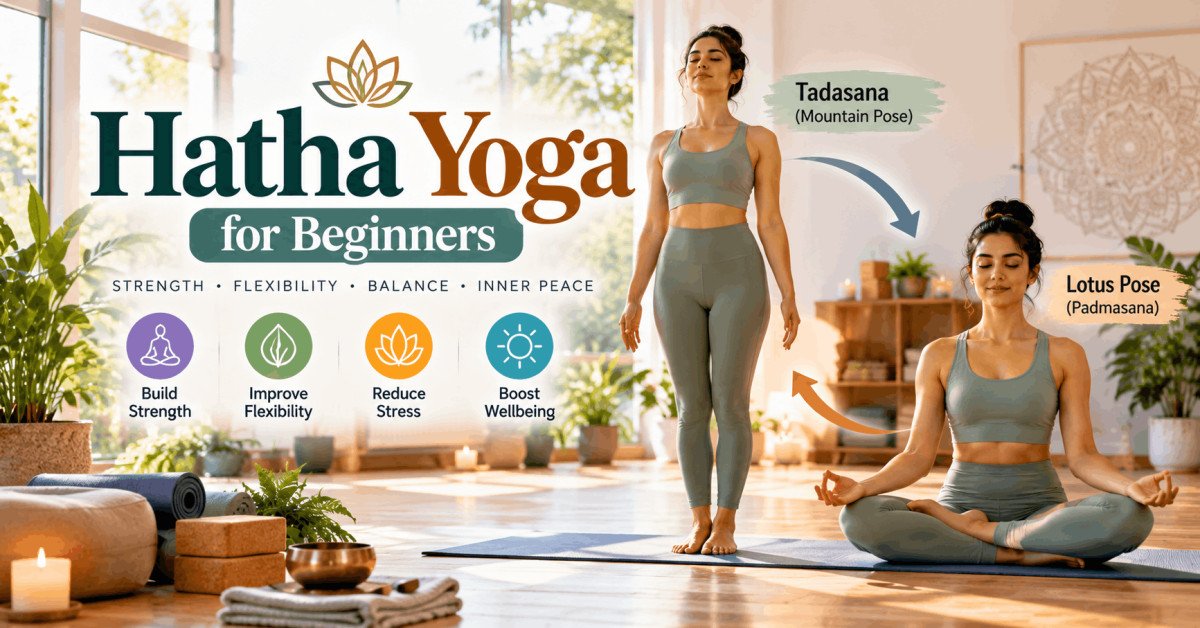 Beginner practicing Hatha Yoga standing and seated poses indoors.