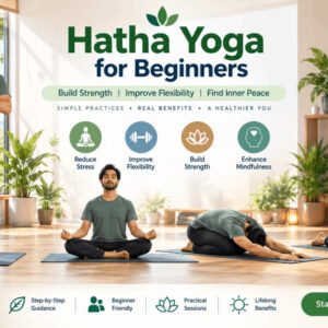 Beginner practicing Hatha Yoga poses on a mat, showing standing, seated, and relaxation postures.