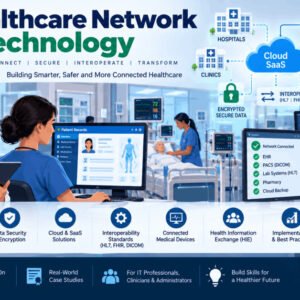 Illustration of healthcare network technology showing secure data exchange, interoperability, and modern IT solutions.