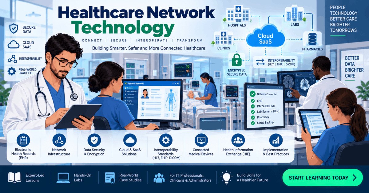 Illustration of healthcare network technology showing secure data exchange, interoperability, and modern IT solutions.