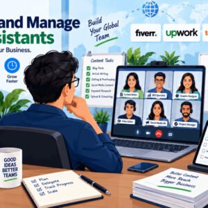Professional working with virtual assistants on outsourcing content creation