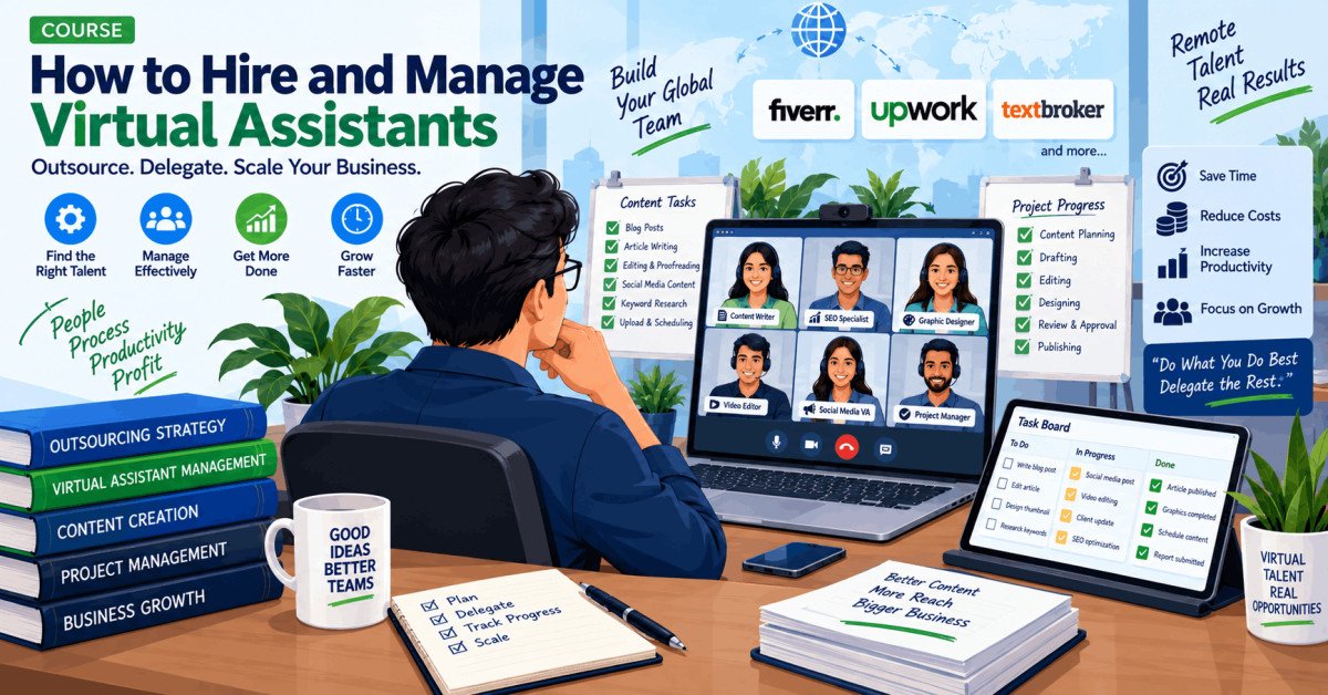 Professional working with virtual assistants on outsourcing content creation