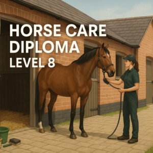 Professional horse care diploma course showing horse grooming, stable, and equine management.