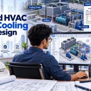 Advanced HVAC district cooling design in Revit with chillers, pumps, and piping layout.