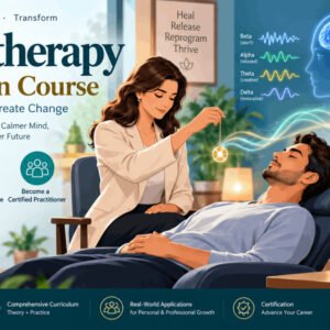 Hypnotherapy certification course illustration showing hypnosis session and healing transformation