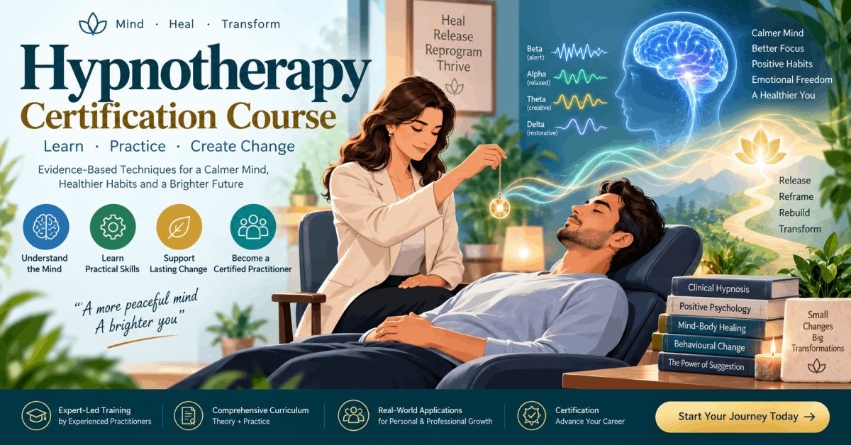 Hypnotherapy certification course illustration showing hypnosis session and healing transformation
