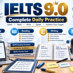 IELTS 9.0 daily course illustration with students learning all four skills