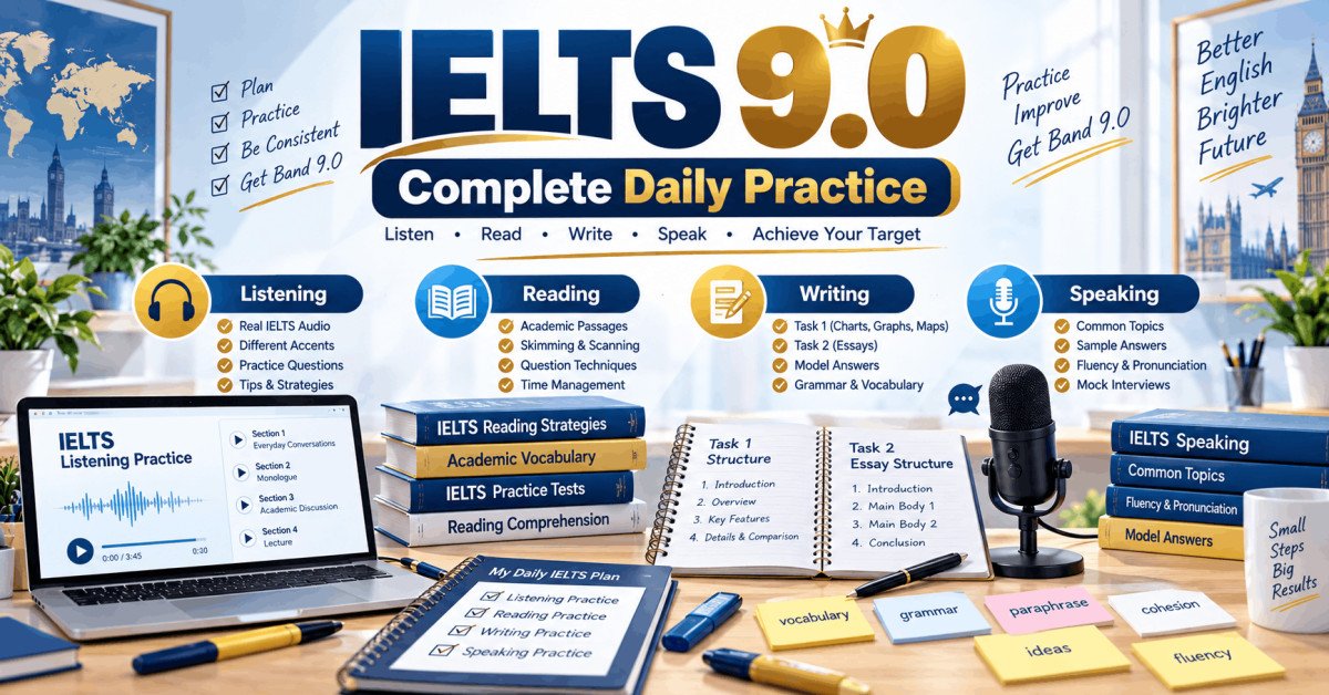 IELTS 9.0 daily course illustration with students learning all four skills