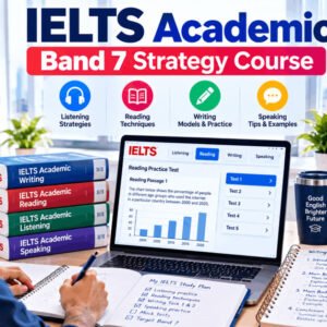 Student preparing for IELTS Academic Band 7 with books, laptop, and strategy notes.
