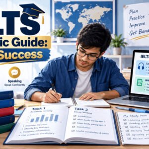Student preparing with IELTS academic guide for band success across listening, reading, writing, and speaking.