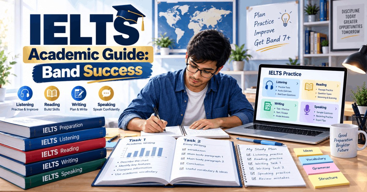 Student preparing with IELTS academic guide for band success across listening, reading, writing, and speaking.