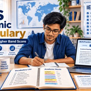 IELTS academic vocabulary builder course image showing study desk with books, notes, and language practice resources.