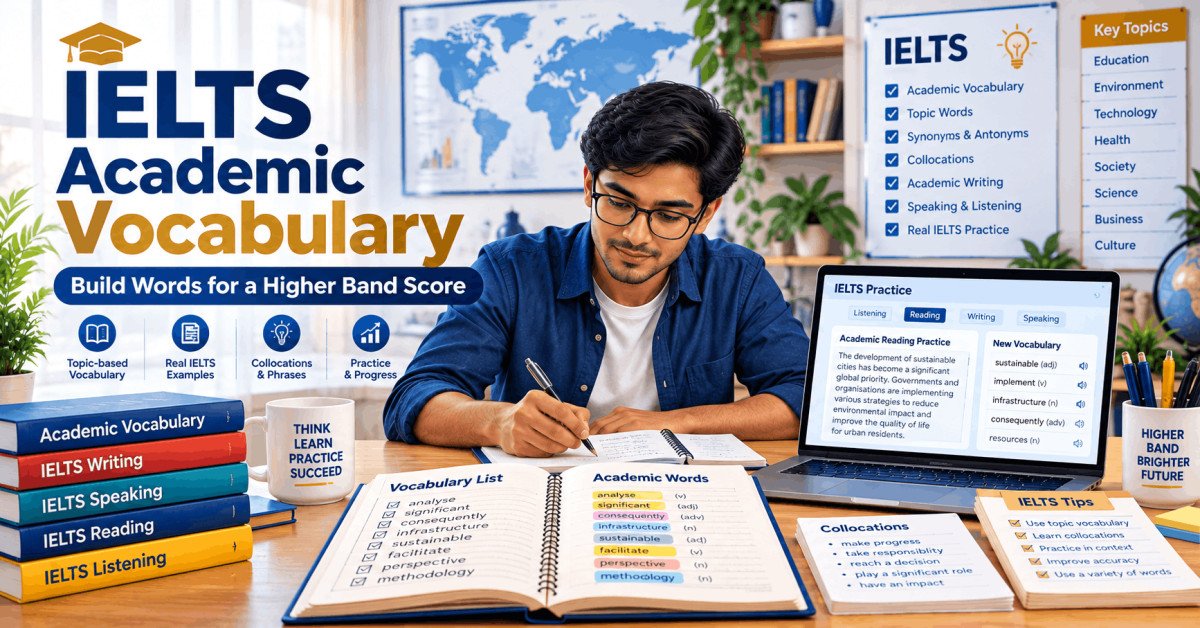 IELTS academic vocabulary builder course image showing study desk with books, notes, and language practice resources.